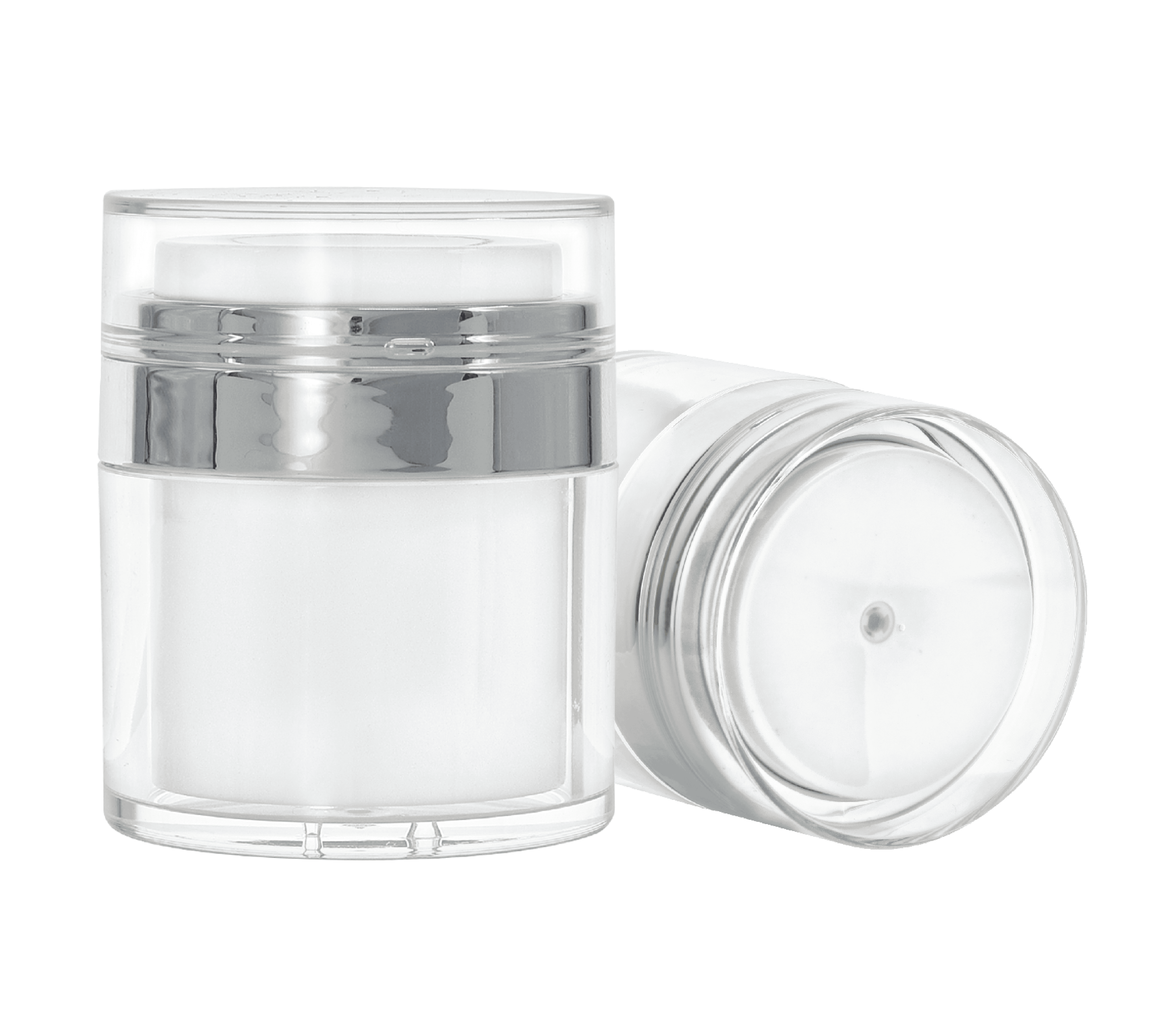 Two airless, metal-shelled jars.