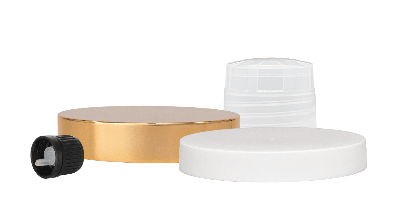 A group of continuous thread (CT) caps including a metal-shelled ct closure, a smooth ct closure, a buttress style ct closure and a dropper fitment style ct closure.