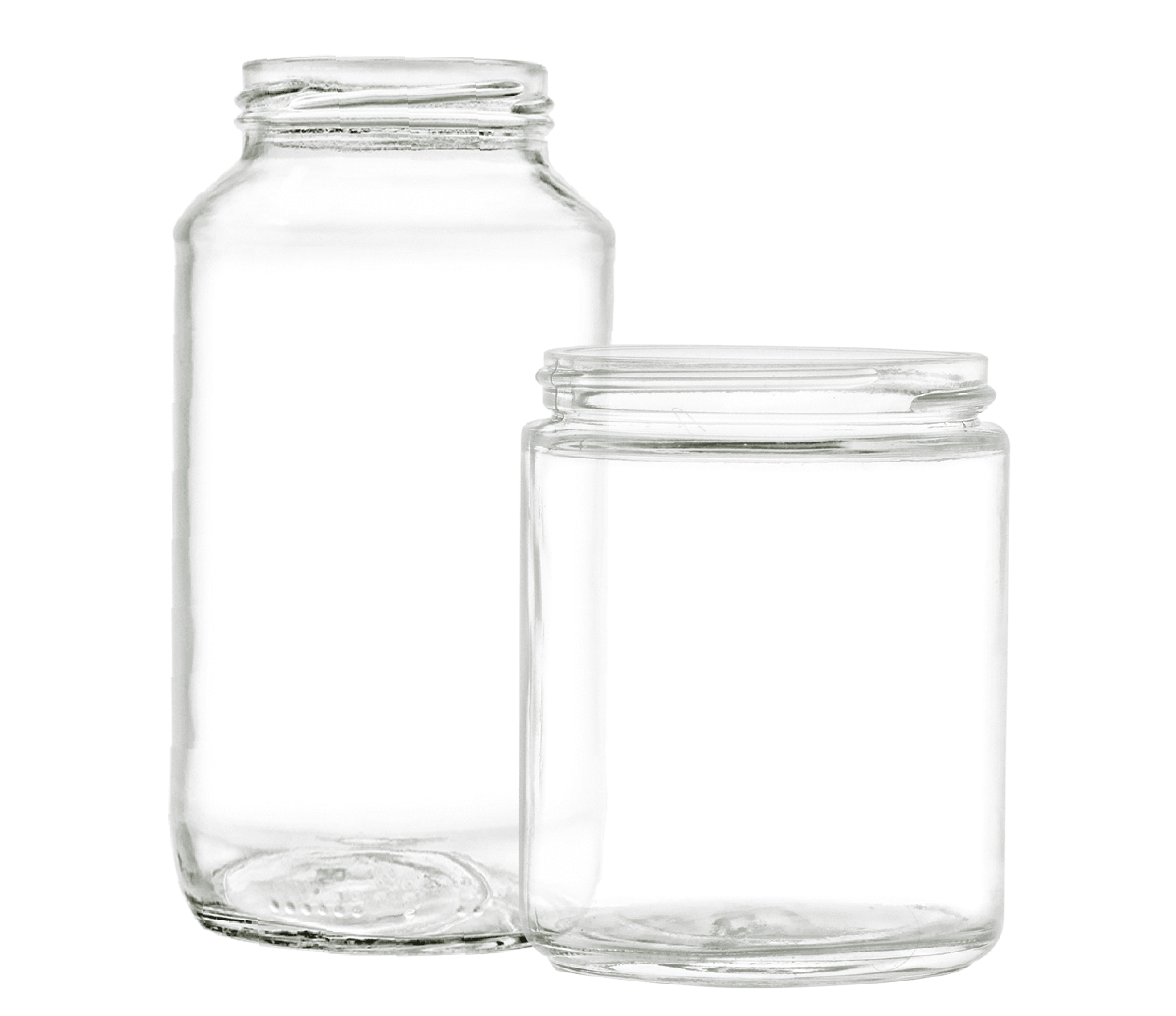 Two glass clear/flint jars for food side by side.
