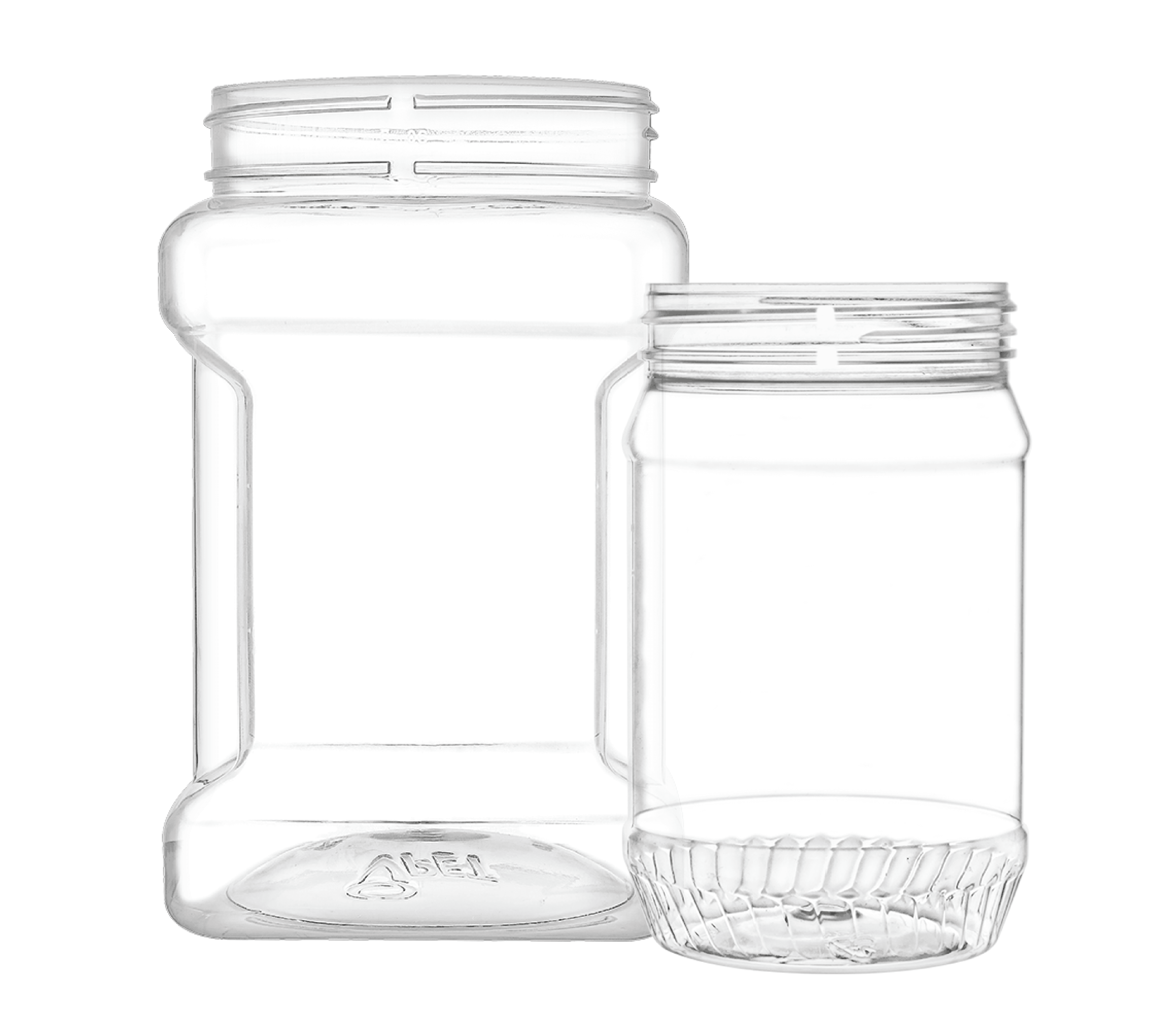 Two clear plastic food jars next to each other.
