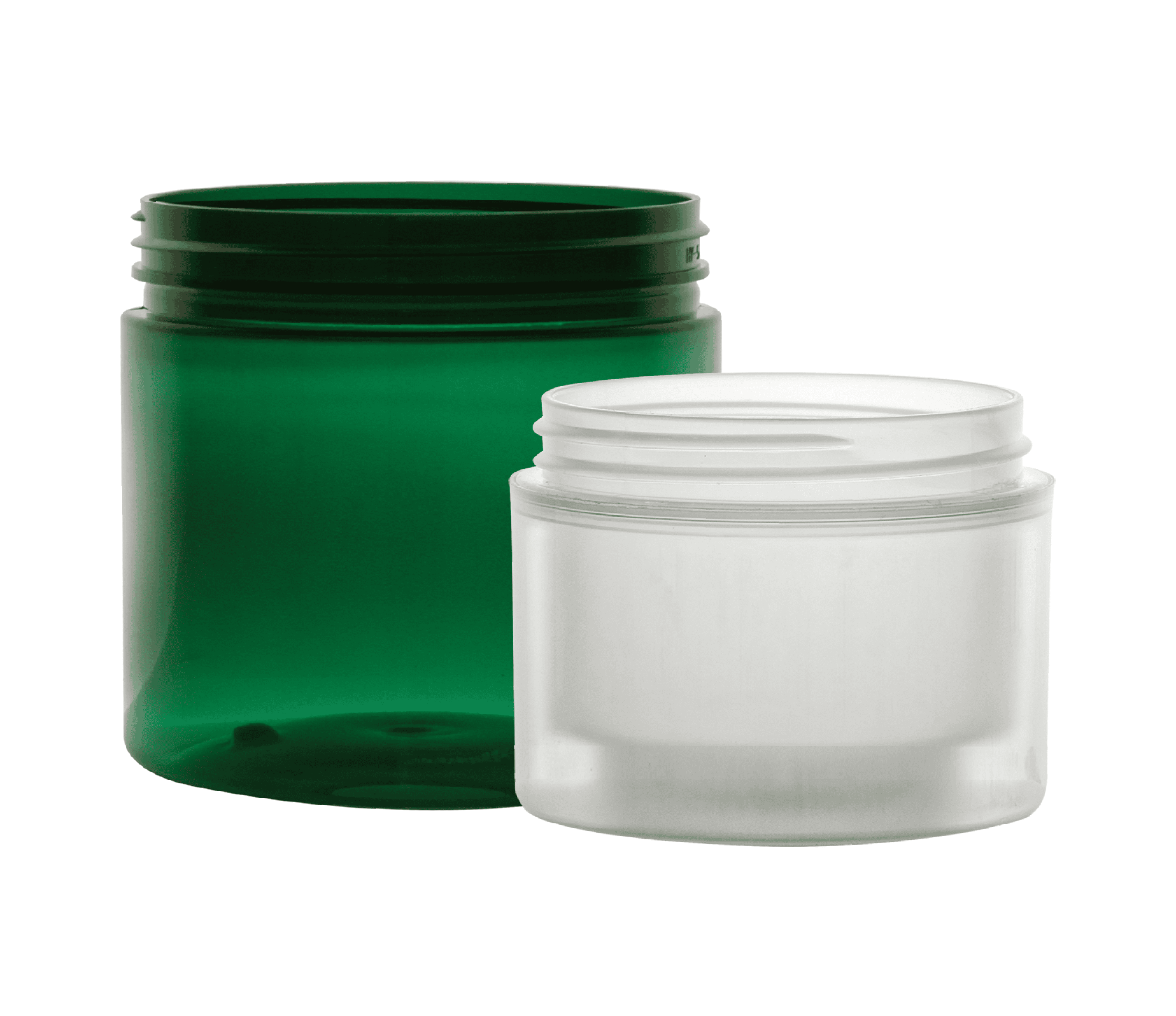 A green single wall jar and a natural double wall jar side by side.