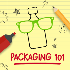 Packaging 101 logo. The logo is a bottle with a pair of green eyeglasses.
